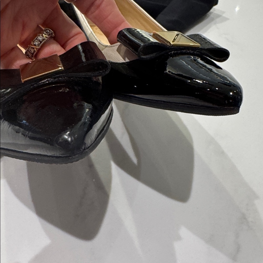kate spade Black Patent Pointed Toe Bow Flats with Gold Accent - Picture 7 of 12